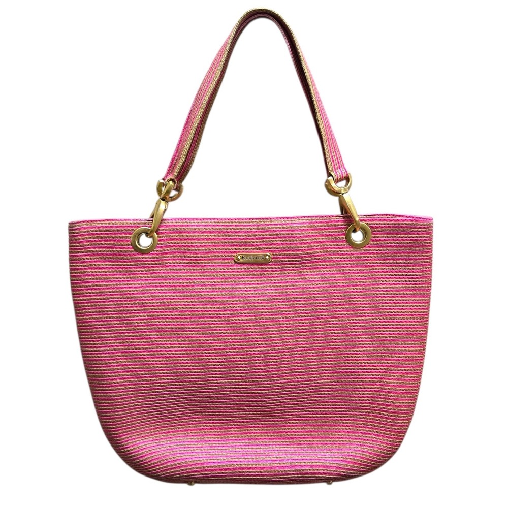 Eric Javits Natural Pink Stripe Woven Squishee Tote Hand Shoulder Bag Purse